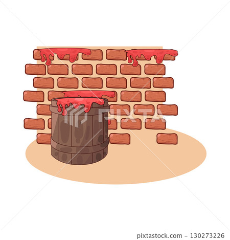 illustration of paint bucket placed in front of brick wall 130273226