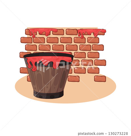 illustration of paint bucket placed in front of brick wall 130273228