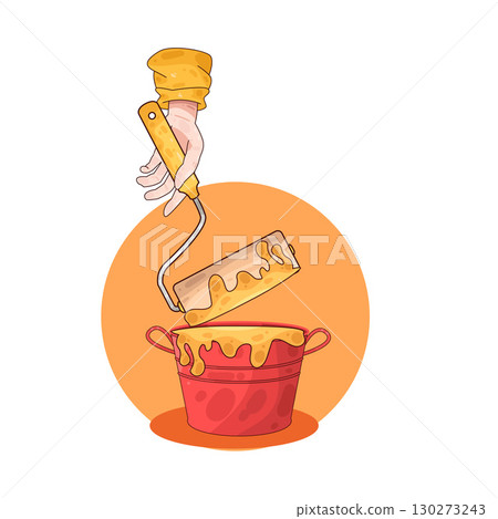 illustration of dipping paint roller into paint bucket illustration of dipping paint roller into paint bucket 130273243