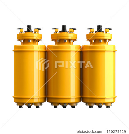 Bright Yellow Industrial Cylinders for Storage and Pressure Applications in a Workshop 130273329