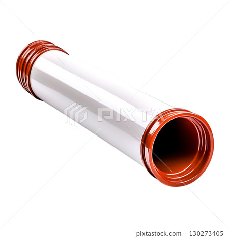 Long White Pipe with Orange Ends Isolated on a White Background for Industrial Use 130273405