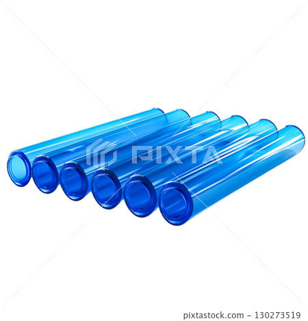 Blue Transparent Tubes Arranged in a Parallel Line on a White Background for Scientific Use Blue Transparent Tubes Arranged in a Parallel Line on a White Background for Scientific Use 130273519