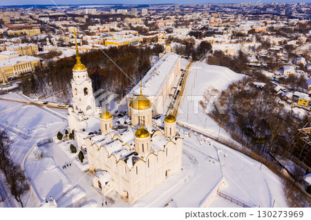 Aerial view of snow covered Orthodox Dormition Cathedral in Vladimir 130273969