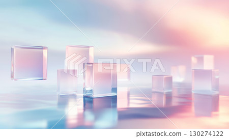 Glass cubes of varying sizes are floating and resting on a reflective surface, creating a serene and minimalist scene with a soft, pastel-colored background Glass cubes of varying sizes are floating and resting on a reflective surface, creating a serene and minimalist scene with a soft, pastel-colored background 130274122