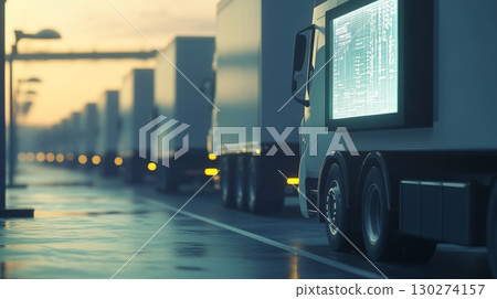 Autonomous trucks traveling in convoy along highway during golden hour, digital interface displaying interconnected vehicle data, representing advanced logistics technology, transportation, freight 130274157