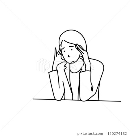 Stock Illustration: Line drawing vector of a woman holding her head | Worries, stress, business Stock Illustration: Line drawing vector of a woman holding her head | Worries, stress, business 130274182