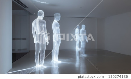 Wireframe humanoid sculptures glowing softly within stark white gallery, illuminating technological aesthetic and blending artistic minimalism with futuristic luminescence 130274186