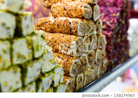 Popular Turkish sweet is Turkish delight, which is a traditional treat. Popular Turkish sweet is Turkish delight, which is a traditional treat. 130274563
