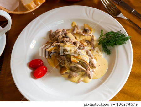 Image of a popular meat dish made called Swiss beefstroganoff. Image of a popular meat dish made called Swiss beefstroganoff. 130274679
