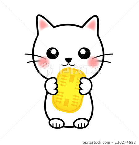 一隻拿著金幣的貓的可愛插圖 一隻拿著金幣的貓的可愛插圖 130274688