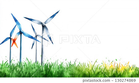 Wind Turbines in Green Grass Landscape with Blue Sky and White Background 130274869