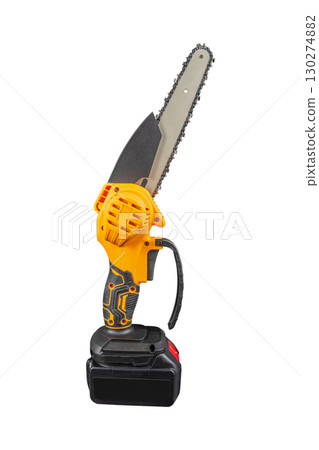 Cordless battery yellow Chainsaw isolated on a white background. Cordless battery yellow Chainsaw isolated on a white background. 130274882