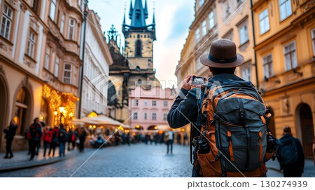 Tourist Photographing Prague's Old Town Square Tower Tourist Photographing Prague's Old Town Square Tower 130274939