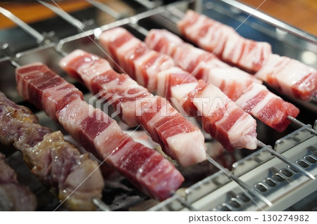 Grilled Lamb Skewers on a BBQ Grill 130274982