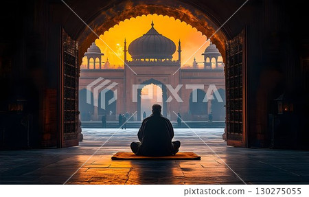 Serene sunrise meditation person silhouetted in ancient archway 130275055