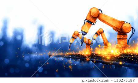 Industrial Robot Arm Working in Automated Factory with Sparks and Blurred Background Industrial Robot Arm Working in Automated Factory with Sparks and Blurred Background 130275197
