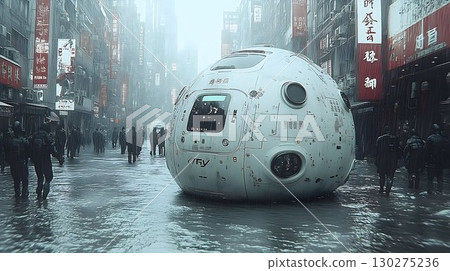 Futuristic Pods Navigate Flooded City Streets Amidst Heavy Rainf Futuristic Pods Navigate Flooded City Streets Amidst Heavy Rainf 130275236