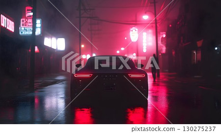Sleek sports car on a rain-slicked street bathed in vibrant neon Sleek sports car on a rain-slicked street bathed in vibrant neon 130275237