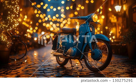 Vintage scooter night city street lights bokeh background 130275291