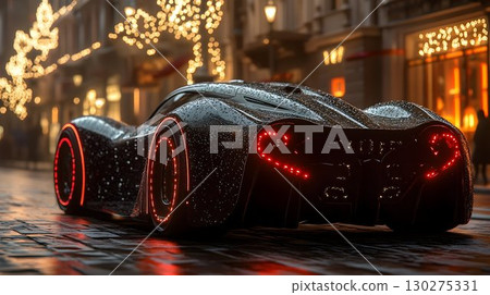 Rain-Kissed Futuristic Car with Red LED Lights on City Street 130275331
