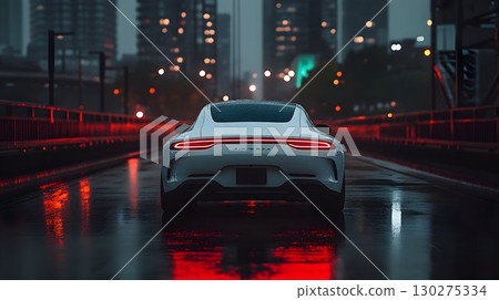 Sleek white sports car on a rain-slicked bridge at night, city l 130275334