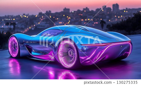 Futuristic Electric Car Illuminated with Neon Lights Against Cit 130275335