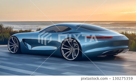 Sleek blue coupe with ocean backdrop under a soft sunset glow 130275359