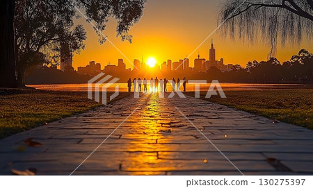 Silhouetted figures sunrise cityscape peaceful dawn vibrant colors 130275397