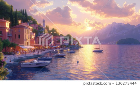 Sunset over Italian Lakeside Village with Boats and Mountain Bac Sunset over Italian Lakeside Village with Boats and Mountain Bac 130275444
