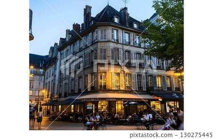 Evening Gathering at a French Bistro Underneath a Historic Build 130275445