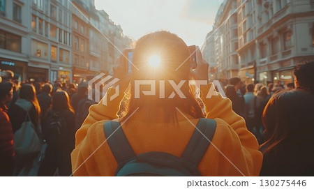 Woman Capturing Sunlight on Crowded Street with Mobile Phones, B 130275446