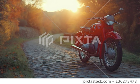 Classic Red Motorcycle Parked on Cobblestone Road at Sunset 130275478