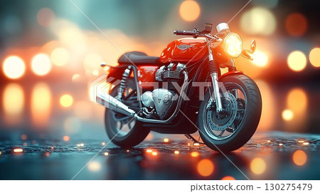 Gleaming Red Motorcycle with Headlight On, Blurred City Lights B 130275479