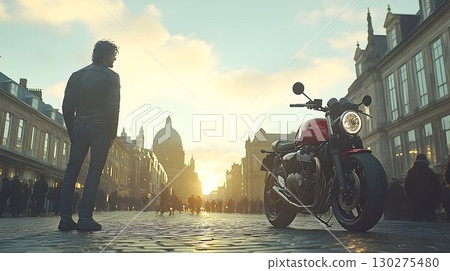 Red Motorcycle parked on cobblestone street with man looking at 130275480