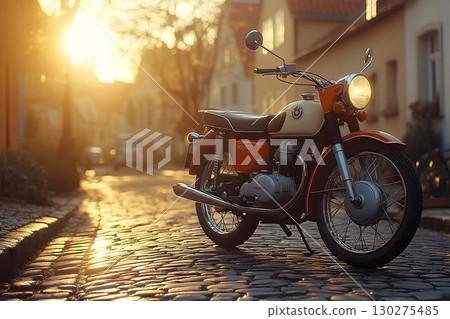 Classic Motorcycle on Cobblestone Street Bathed in Golden Sunset 130275485