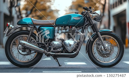 Teal Hudini Motorcycle with Brown Leather Seat Parked on Asphalt Teal Hudini Motorcycle with Brown Leather Seat Parked on Asphalt 130275487