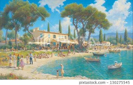 Sunny beach restaurant scene coastal summer vacation idyllic seaside illustration 130275545