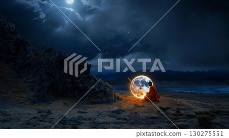 Serene Meditation Under Moonlight with Glowing Earth Sphere in Dark Landscape 130275551