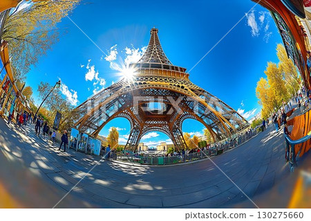 Eiffel Tower's Grandeur: A Fisheye View with Sunburst and Parisi 130275660
