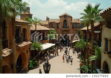 Mediterranean-Style Plaza Bustling with Shoppers on Sunny Day 130275684