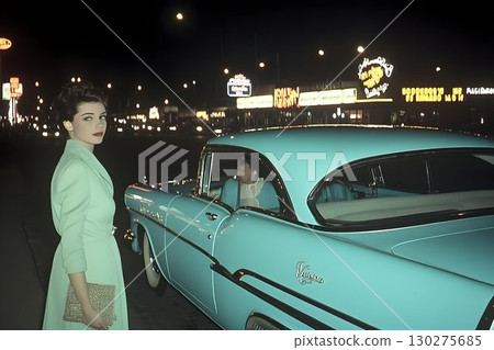 Elegant Woman Poses Beside Turquoise Classic Car at Night with N 130275685