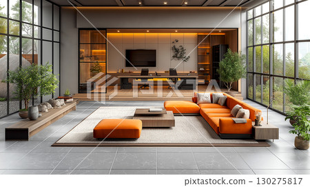Modern Elegant Home Office design and Living room executive Interior design concept with garden view 130275817