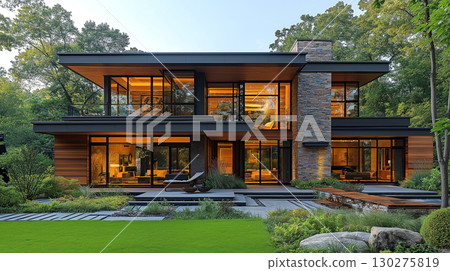Modern two story house with a sleek design, illuminated exterior, and landscaped front yard  with patio 130275819