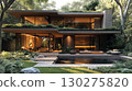 Modern two story house with gray and wood accents, lighting design and landscaped garden and pool 130275820