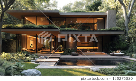 Modern two story house with gray and wood accents, lighting design and landscaped garden and pool 130275820