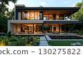 Modern two story house with gray and wood accents, lighting design and landscaped garden and pool 130275822