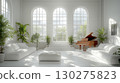 Classic wooden grand piano in white classical style living room interior design. Musical instrument 130275823