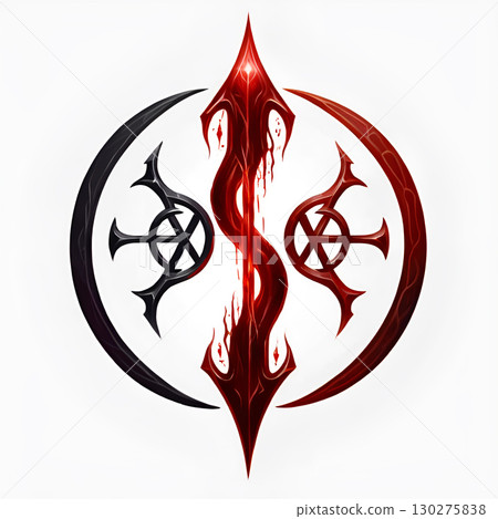 Striking demonic symbol featuring a bleeding crimson sword and dark esoteric emblems evokes power and mystery for fantasy or occult themes. 130275838
