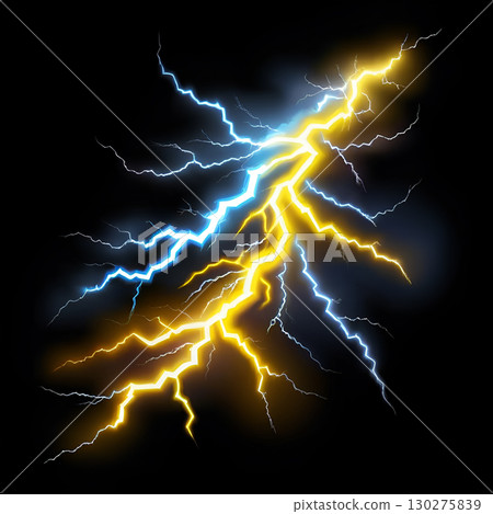 Dynamic yellow and blue lightning strikes illuminate a dark sky with powerful energy and electric force 130275839