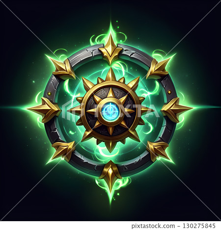 Captivating golden emblem with vibrant green energy pulses, symbolizing power and ancient magic, perfect for game assets or fantasy projects. 130275845